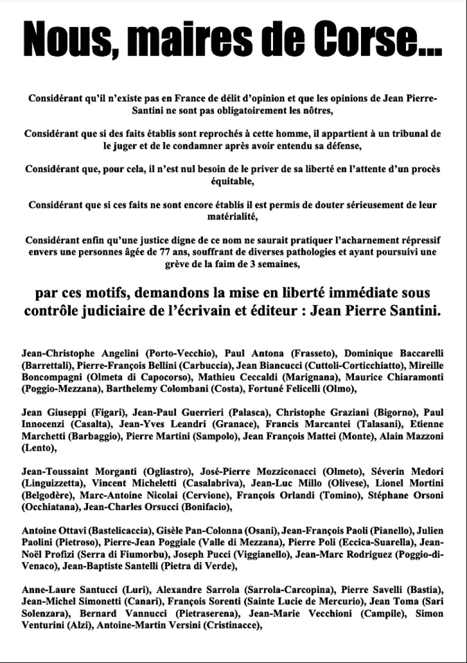 50 maires de Corse demandent la libération de Jean-Pierre Santini 50 maires de Corse demandent la libération de Jean-Pierre Santini