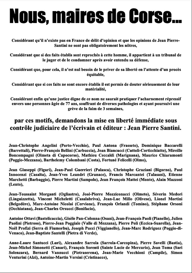 50 maires de Corse demandent la libération de Jean-Pierre Santini
