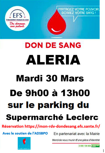 Une nouvelle collecte de sang Mardi 30 mars à Aléria