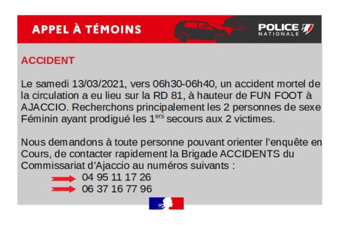 Ajaccio : appel à témoins après un accident mortel Ajaccio : appel à témoins après un accident mortel