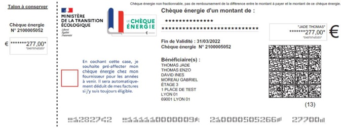 Un exemple de chèque énergie. Source : EDF Un exemple de chèque énergie. Source : EDF