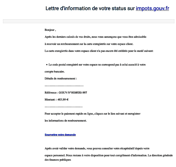 "Lettre d'information de votre status sur impots.gouv.fr" : attention à l'arnaque "Lettre d'information de votre status sur impots.gouv.fr" : attention à l'arnaque