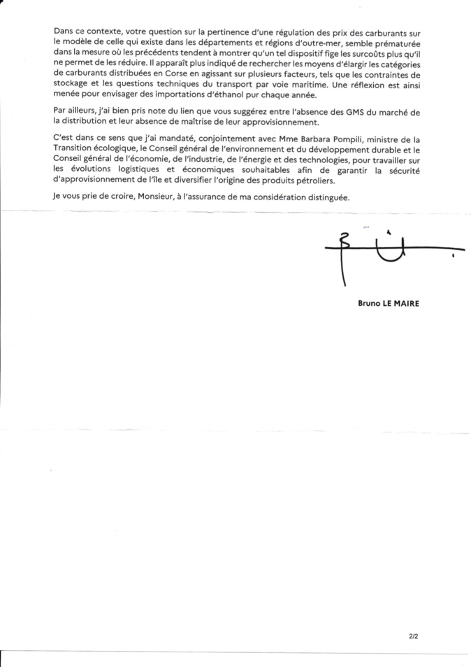 Prix des carburants en Corse : Bruno le Maire opposé à une régulation, propose l'importation d'éthanol Prix des carburants en Corse : Bruno le Maire opposé à une régulation, propose l'importation d'éthanol