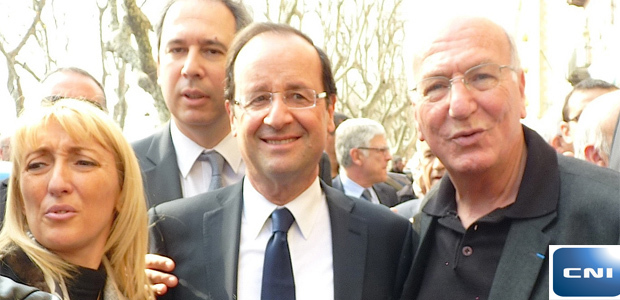 Le candidat Hollande à Bastia en Mars 2012 avec Emmanuelle de Gentili, Jean Zuccarelli et Jean-Baptiste Raffalli.