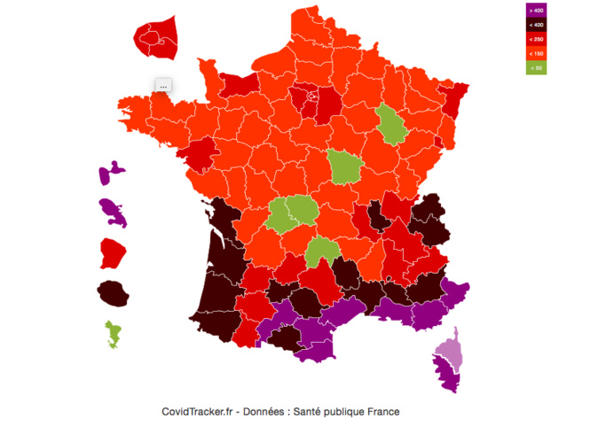La carte de Covid Tracker qui indique le nombre de cas pour 100k habitants