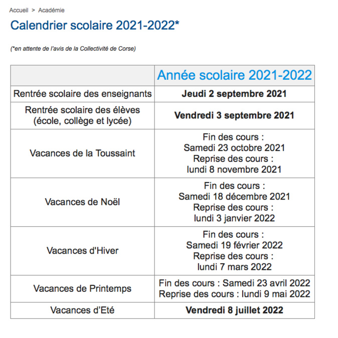 Vacances scolaires : découvrez le calendrier de l'année 2021-2022 en Corse Vacances scolaires : découvrez le calendrier de l'année 2021-2022 en Corse