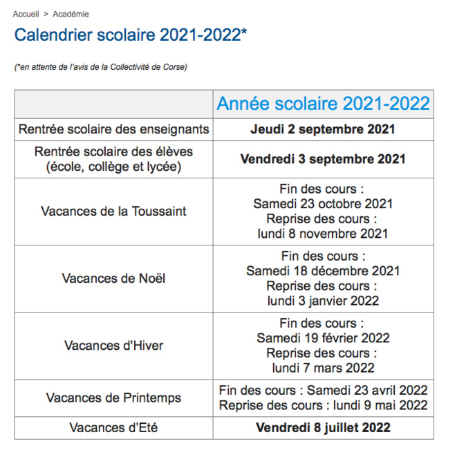 Vacances scolaires : découvrez le calendrier de l'année 2021-2022 en Corse