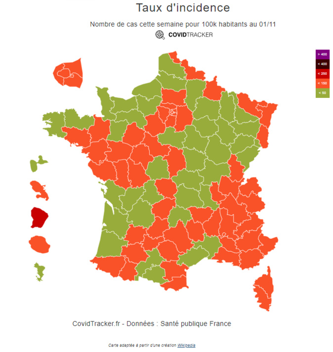 La Haute-Corse enregistre un taux d'incidence de 91 cas pour 100 000 habitants au 1er novembre selon les données de Santé Publique France. Source : CovidTracker La Haute-Corse enregistre un taux d'incidence de 91 cas pour 100 000 habitants au 1er novembre selon les données de Santé Publique France. Source : CovidTracker