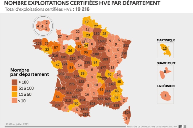 Les exploitations certifiées HVE en juillet 2021 en France. Source : Ministère de l'Agriculture Les exploitations certifiées HVE en juillet 2021 en France. Source : Ministère de l'Agriculture