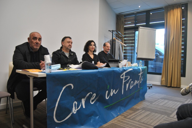 Les membres de la nouvelle coordination exécutive de Core in fronte ont tenu une conférence de presse à Bastia ce mercredi 15 décembre. Crédits Photo : Pierre-Manuel Pescetti