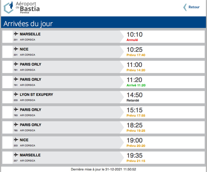 Capture écran site internet aéroport de Bastia