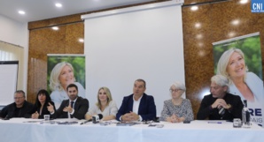 Le porte-parole du Rassemblement National, Julien Odoul à l’Hôtel Campo Del Oro à Ajaccio où il était accompagné de François Filoni, responsable pour la Corse et Nathaly Antona, déléguée territoriale, et à l’occasion d’une conférence de presse, qu’il a présenté les grands axes de la candidate