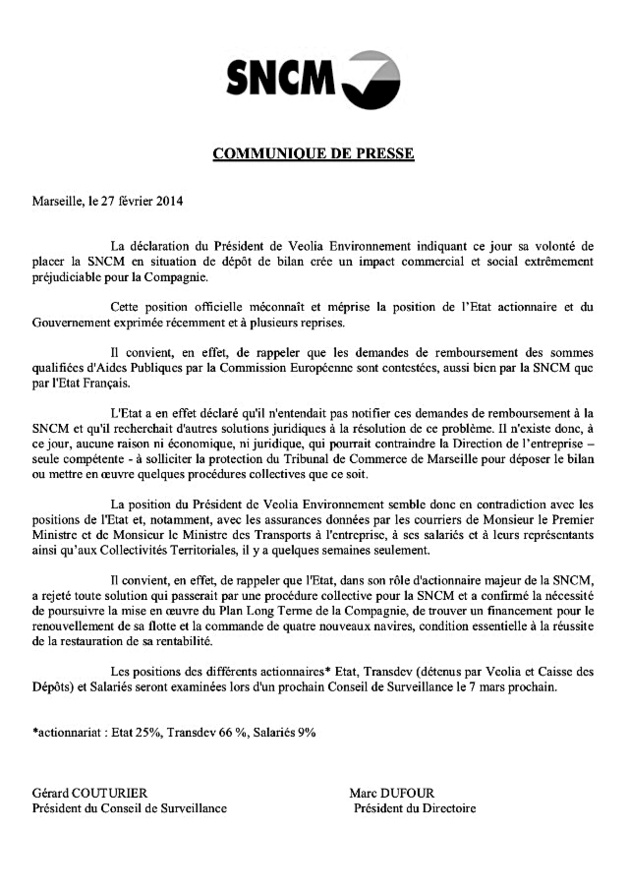 La SNCM fustige la mise sous protection préconisée par Veolia La SNCM fustige la mise sous protection préconisée par Veolia