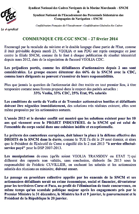 La SNCM fustige la mise sous protection préconisée par Veolia