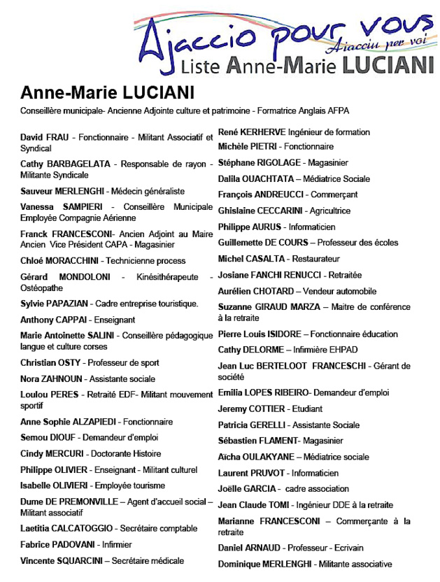 Municipales : "Ajaccio pour vous", la liste de Anne-Marie Luciani