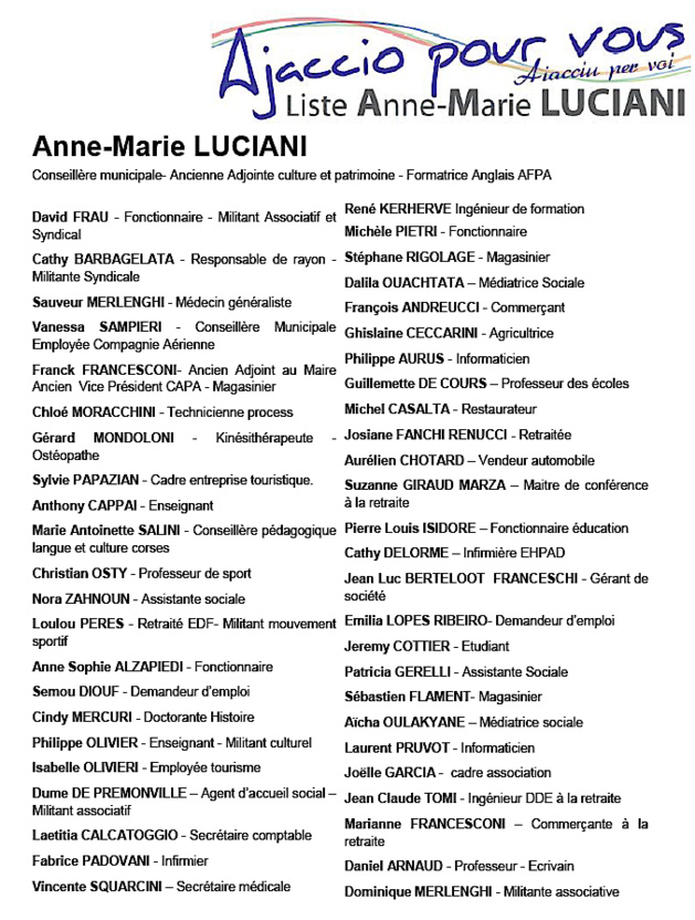 Municipales : "Ajaccio pour vous", la liste de Anne-Marie Luciani Municipales : "Ajaccio pour vous", la liste de Anne-Marie Luciani