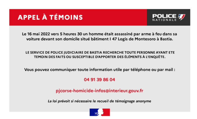 Assassinat de Montesoro : la PJ lance un appel à témoins Assassinat de Montesoro : la PJ lance un appel à témoins