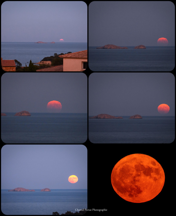La super lune du tonnerre semble sortir des eaux dans la réserve naturelle des îles Cerbicali.(Chantal Portaz-Biancarelli)
