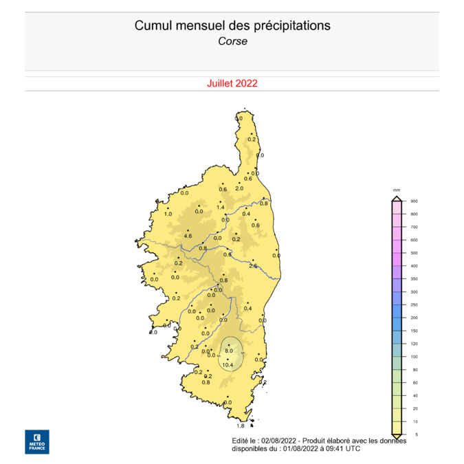 La carte du cumul des précipitations en juillet 2022. Source : Météo France La carte du cumul des précipitations en juillet 2022. Source : Météo France