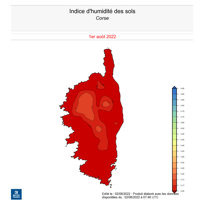 L'indice de l'humidité des sols en Corse. Source : Météo France L'indice de l'humidité des sols en Corse. Source : Météo France
