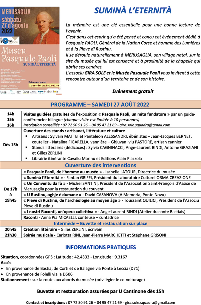 "Un ghjornu, un locu" : journée patrimoine au Museu Pasquale Paoli de Merusaglia, ce 27 août "Un ghjornu, un locu" : journée patrimoine au Museu Pasquale Paoli de Merusaglia, ce 27 août