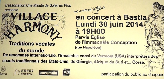 Bastia : Concert de "Village Harmony," le lundi 30 juin Bastia : Concert de "Village Harmony," le lundi 30 juin