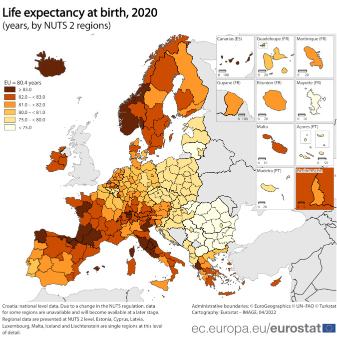 La Corse était en 2020 la région de l'UNion Européenne qui enregistrait le plus haut niveau d'espérance de vie à la naissance (document Eurostat)