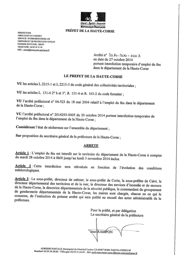 Corse : Interdiction de l'emploi du feu prorogée jusqu'au 3 Novembre