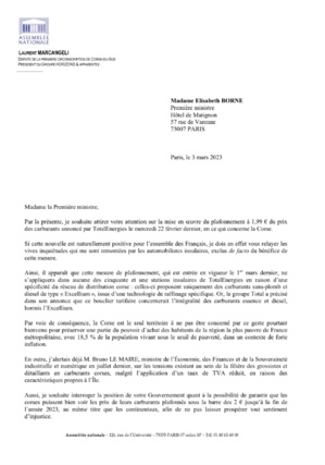 Plafonnement à 1,99 € du prix des carburants par TotalEnergies : Laurent Marcangeli écrit à Élisabeth Borne Plafonnement à 1,99 € du prix des carburants par TotalEnergies : Laurent Marcangeli écrit à Élisabeth Borne