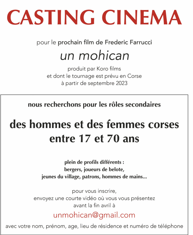 Corse : qui veut jouer dans "Un Mohican",  le prochain film de Frédéric Farucci ?