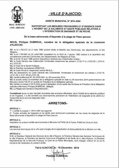 Levée de l'arrêté municipal d'interdiction de pêche et de baignade à Ajaccio