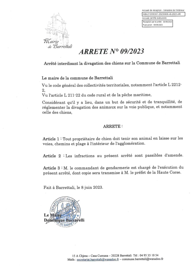 L'arrêté déposé par le maire de Barrettali. L'arrêté déposé par le maire de Barrettali.
