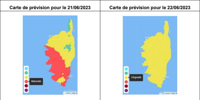 Prévisions de l'épisode de pollution aux particules fines sur la Corse pour le 22 juin 2023. Crédit photo: Qualitair Corse. Prévisions de l'épisode de pollution aux particules fines sur la Corse pour le 22 juin 2023. Crédit photo: Qualitair Corse.