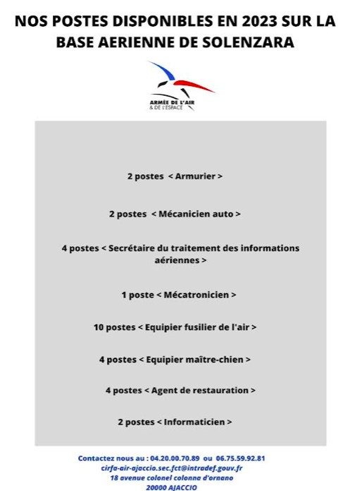 Emploi : plusieurs postes à pourvoir à la base aérienne de Solenzara