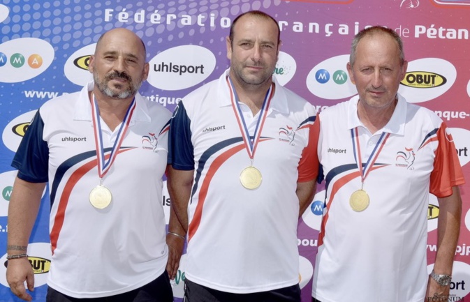 Les nouveaux champion de France, Ange Ferri, Jérôme Samper et Jean Luc Mezzacqui. Les nouveaux champion de France, Ange Ferri, Jérôme Samper et Jean Luc Mezzacqui.