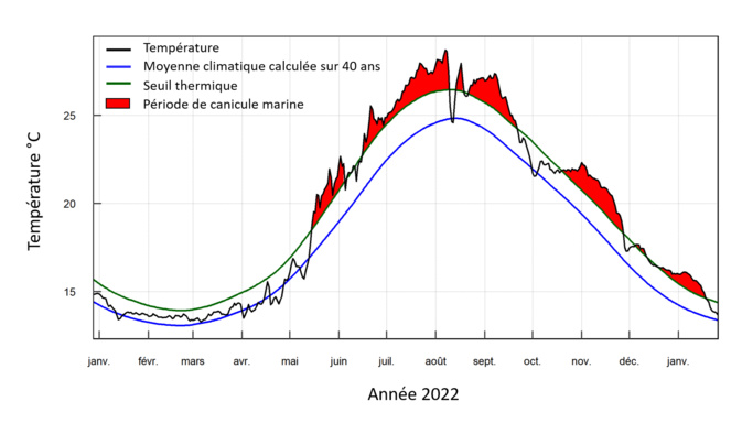 La canicule marine sur l'année 2022. Crédit photo: Stareso. La canicule marine sur l'année 2022. Crédit photo: Stareso.