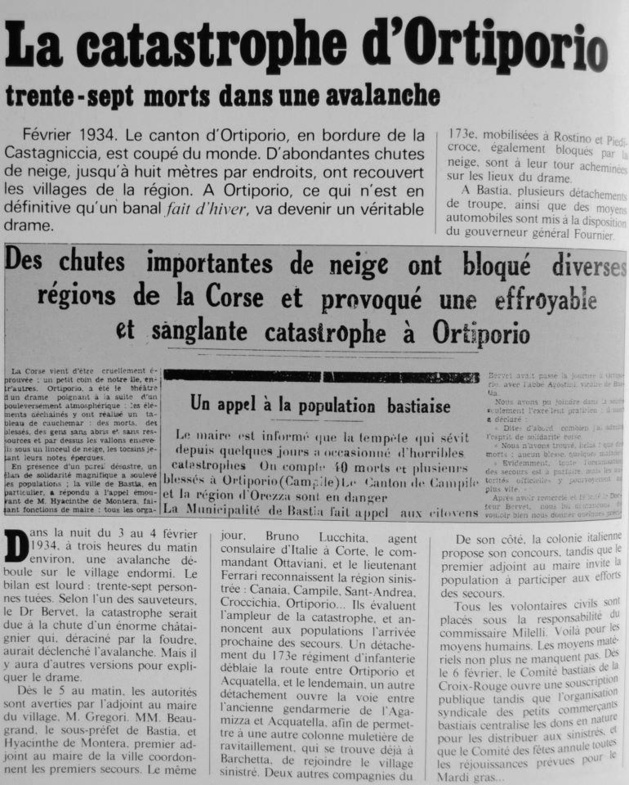 Ortiporiu : 37 morts dans une avalanche dans la nuit du 3 au 4 Février 1934 Ortiporiu : 37 morts dans une avalanche dans la nuit du 3 au 4 Février 1934