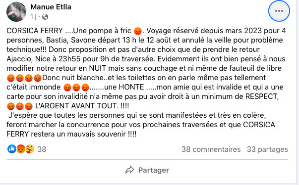 Capture écran groupe Facebook Clients Corsica ferries en colère