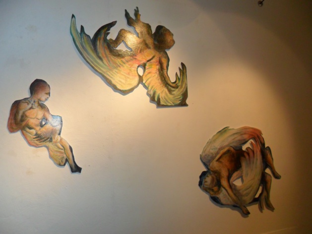 Oeuvre de Jean Monestié, peinture sur papier et contre-plaqué Oeuvre de Jean Monestié, peinture sur papier et contre-plaqué