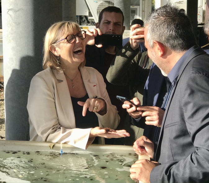 Sylvie Retailleau, ministre de l'enseignement supérieur, en visite à Stella Mare à Biguglia, ce lundi 6 novembre. Elle tient dans sa main un oursin juvénile élevé dans les bassins de Stella Mare.