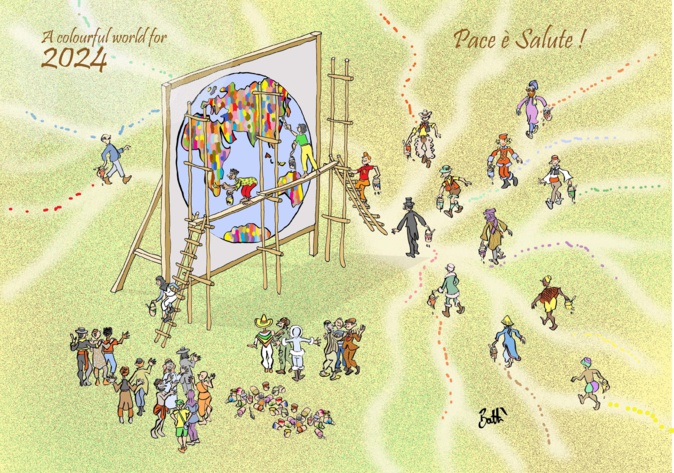 Le dessin de Battì : ""A colorful world for 2024", "Pace è salute"