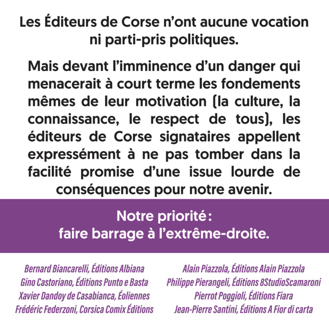 Législatives : Les éditeurs de Corse appellent à faire barrage à l'extrême-droite Législatives : Les éditeurs de Corse appellent à faire barrage à l'extrême-droite