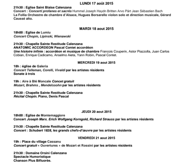 Calenzana : Musiques classique et contemporaine du 17 au 22 Août Calenzana : Musiques classique et contemporaine du 17 au 22 Août