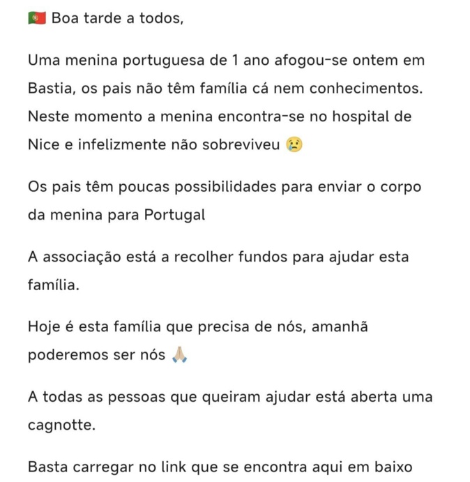 Une cagnotte pour rapatrier au Portugal le corps d'une petite fille décédée à Bastia Une cagnotte pour rapatrier au Portugal le corps d'une petite fille décédée à Bastia