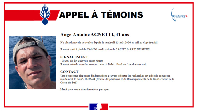 Disparition d’Ange-Antoine Agnetti : la piste criminelle désormais privilégiée Disparition d’Ange-Antoine Agnetti : la piste criminelle désormais privilégiée