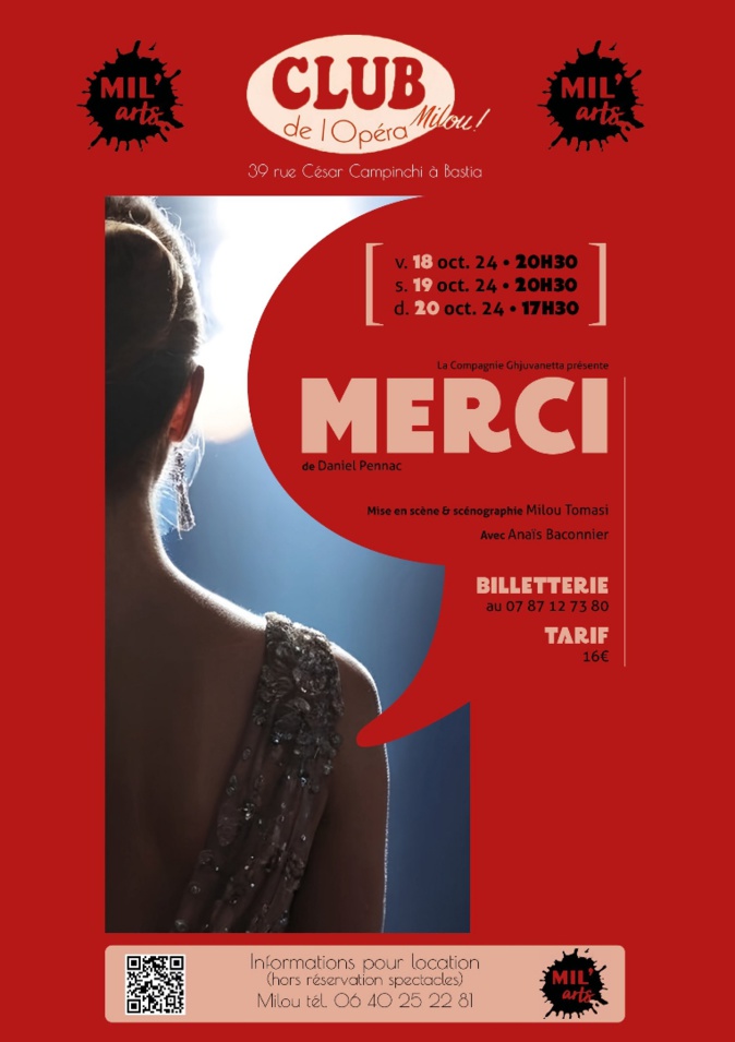 "Merci" de Daniel Pennac au Club de l'Opéra à Bastia : Anaïs Baconnier seule en scène "Merci" de Daniel Pennac au Club de l'Opéra à Bastia : Anaïs Baconnier seule en scène