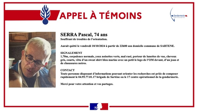 Appel à témoin : Un homme de 74 ans recherché dans la région de Sartène Appel à témoin : Un homme de 74 ans recherché dans la région de Sartène