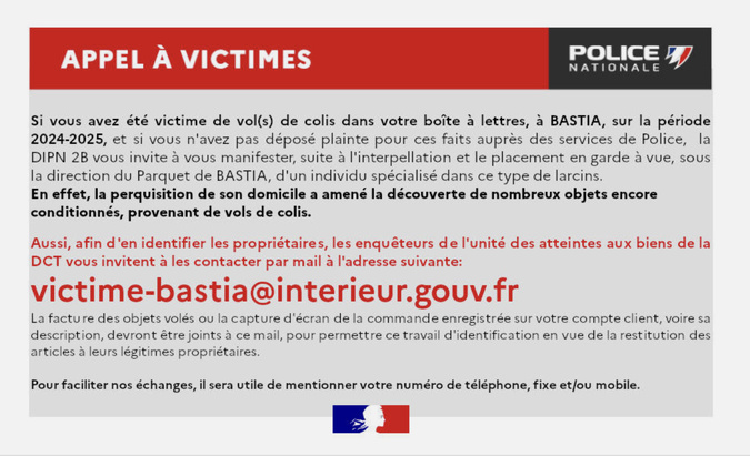 Bastia : la police lance appel à témoins après la découverte de nombreux colis volés Bastia : la police lance appel à témoins après la découverte de nombreux colis volés