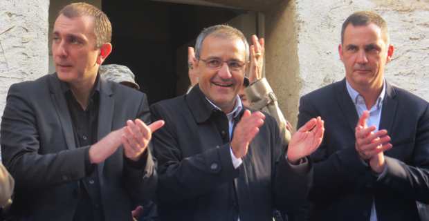 Jean-Christophe Angelini (Femu a Corsica), Jean-Guy Talamoni (Corsica Libera) et Gilles Simeoni (Femu a Corsica), tête de liste Pè à Corsica, le 8 décembre à Corte.