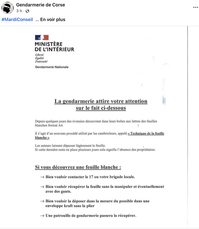 Arnaque à la feuille blanche : la gendarmerie de Corse lance un appel à la vigilance Arnaque à la feuille blanche : la gendarmerie de Corse lance un appel à la vigilance
